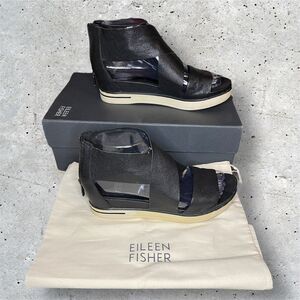 $195 Eileen Fisher Sport Criss Cross Tumbled Leather Banded Platform Sandals 6